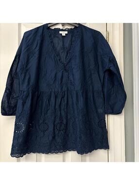 J Jill Navy Blue Eyelet Ruffle Shirt Top Size XS. 3/4 Sleeves Spring Summer Fall